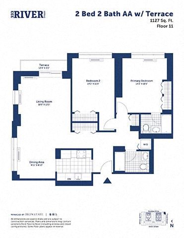 Floor plan for 2 beds, 2 baths, 1127 sqft