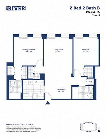 Floor plan for 2 beds, 2 baths, 1003 sqft