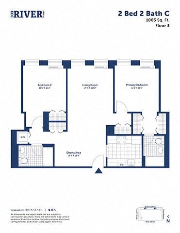 Floor plan for 2 beds, 2 baths, 1003 sqft