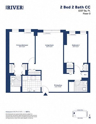Floor plan for 2 beds, 2 baths, 1157 sqft