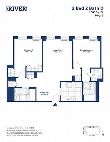 Floor plan for 2 beds, 2 baths, 1003 sqft