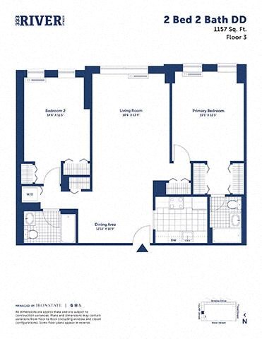 Floor plan for 2 beds, 2 baths, 1157 sqft