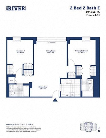 Floor plan for 2 beds, 2 baths, 1043 sqft
