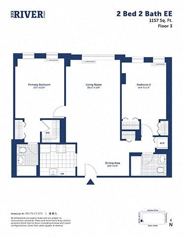 Floor plan for 2 beds, 2 baths, 1157 sqft