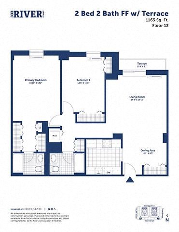 Floor plan for 2 beds, 2 baths, 1163 sqft