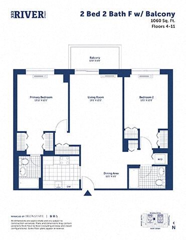Floor plan for 2 beds, 2 baths, 1060 sqft