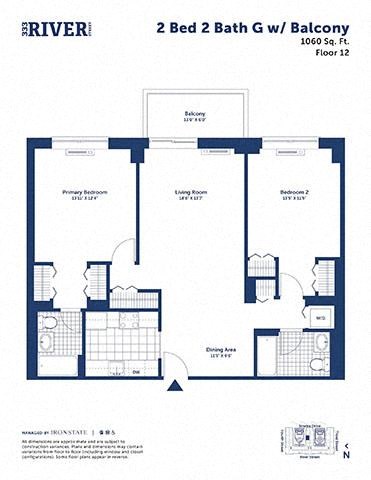 Floor plan for 2 beds, 2 baths, 1060 sqft
