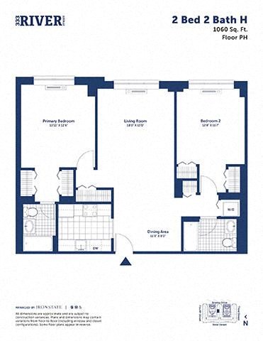Floor plan for 2 beds, 2 baths, 1060 sqft