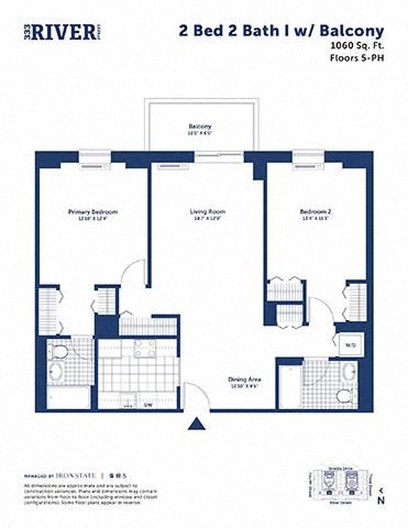 Floor plan for 2 beds, 2 baths, 1060 sqft