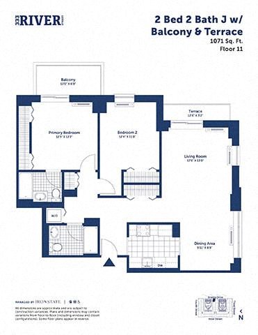 Floor plan for 2 beds, 2 baths, 1071 sqft
