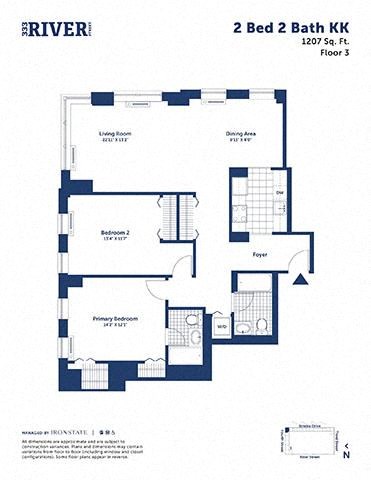 Floor plan for 2 beds, 2 baths, 1207 sqft