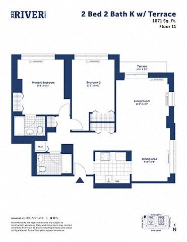 Floor plan for 2 beds, 2 baths, 1071 sqft