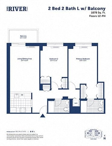 Floor plan for 2 beds, 2 baths, 1078 sqft