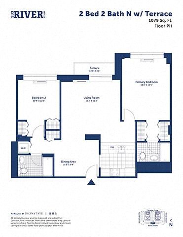 Floor plan for 2 beds, 2 baths, 1079 sqft