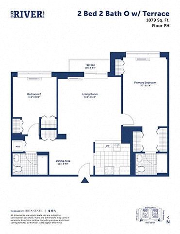 Floor plan for 2 beds, 2 baths, 1079 sqft