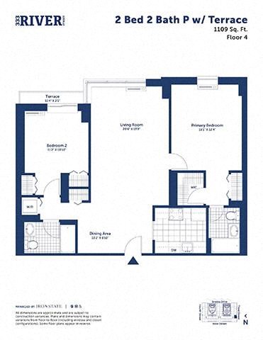 Floor plan for 2 beds, 2 baths, 1109 sqft