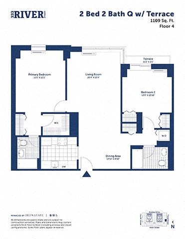 Floor plan for 2 beds, 2 baths, 1109 sqft