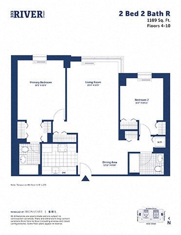 Floor plan for 2 beds, 2 baths, 1109 sqft