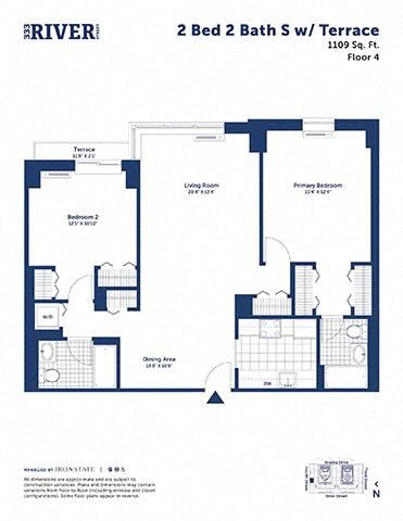 Floor plan for 2 beds, 2 baths, 1109 sqft