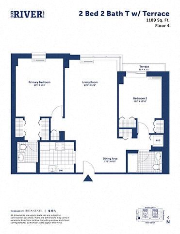 Floor plan for 2 beds, 2 baths, 1109 sqft