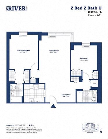 Floor plan for 2 beds, 2 baths, 1109 sqft