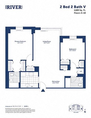 Floor plan for 2 beds, 2 baths, 1109 sqft