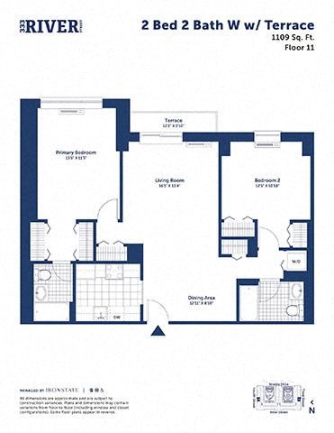 Floor plan for 2 beds, 2 baths, 1109 sqft