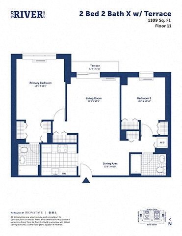 Floor plan for 2 beds, 2 baths, 1109 sqft