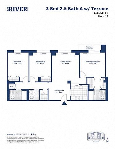 Floor plan for 3 beds, 2.5 baths, 1311 sqft