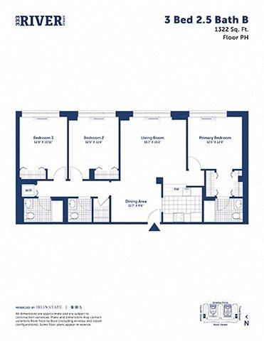 Floor plan for 3 beds, 2.5 baths, 1322 sqft