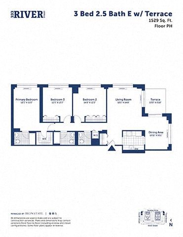 Floor plan for 3 beds, 2.5 baths, 1529 sqft