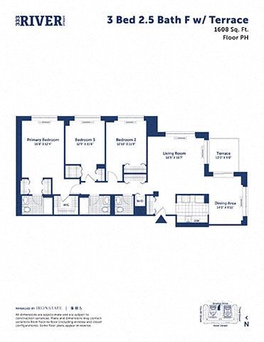 Floor plan for 3 beds, 2.5 baths, 1608 sqft