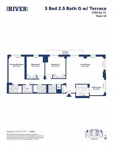 Floor plan for 3 beds, 2.5 baths, 1706 sqft