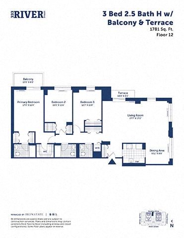 Floor plan for 3 beds, 2.5 baths, 1781 sqft