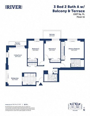 Floor plan for 3 beds, 2 baths, 1327 sqft