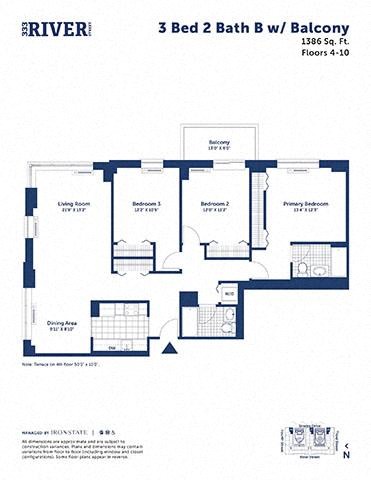 Floor plan for 3 beds, 2 baths, 1386 sqft