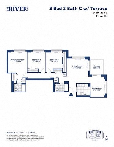 Floor plan for 3 beds, 2 baths, 1429 sqft