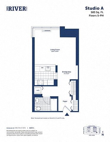 Floor plan for studio, 1 bath, 583 sqft