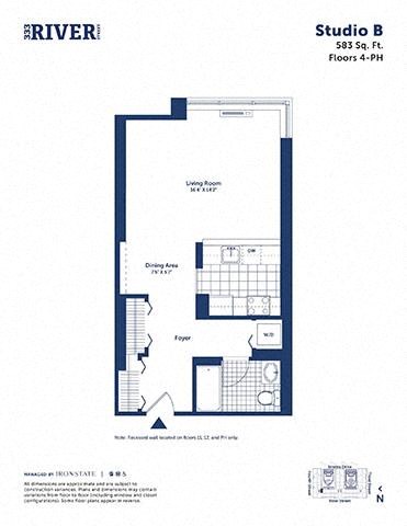 Floor plan for studio, 1 bath, 583 sqft