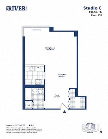 Floor plan for studio, 1 bath, 696 sqft