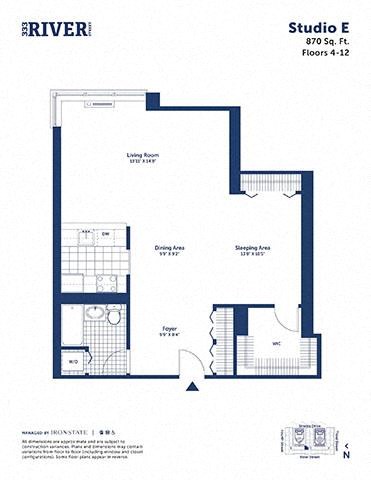 Floor plan for studio, 1 bath, 870 sqft