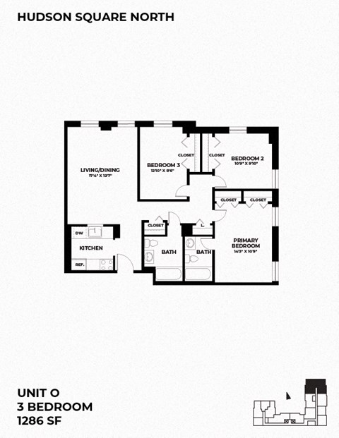 Floor plan for 3 beds, 2 baths, 1286 sqft