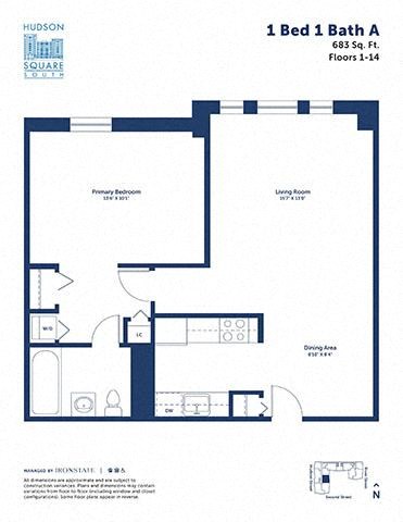 Floor plan for 1 bed, 1 bath, 683 sqft