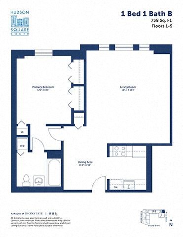 Floor plan for 1 bed, 1 bath, 738 sqft