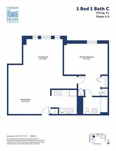 Floor plan for 1 bed, 1 bath, 773 sqft