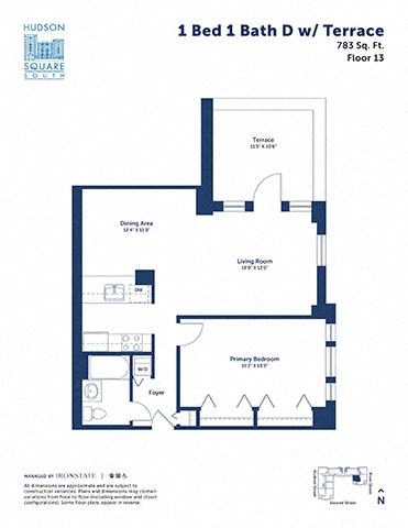 Floor plan for 1 bed, 1 bath, 783 sqft