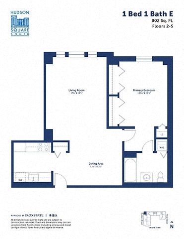 Floor plan for 1 bed, 1 bath, 802 sqft