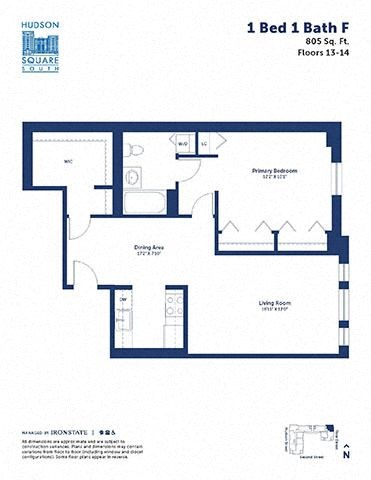 Floor plan for 1 bed, 1 bath, 805 sqft