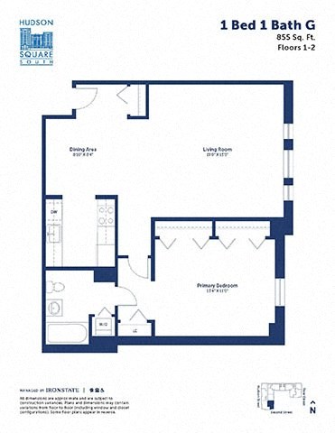 Floor plan for 1 bed, 1 bath, 855 sqft