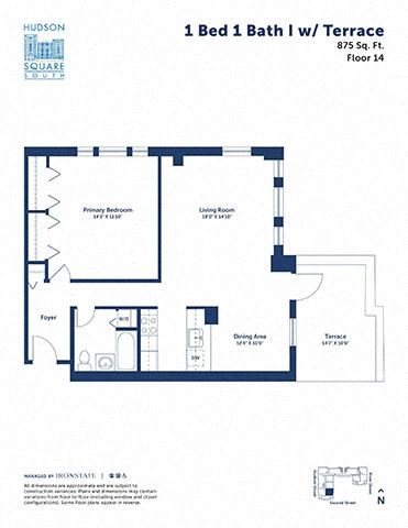 Floor plan for 1 bed, 1 bath, 875 sqft